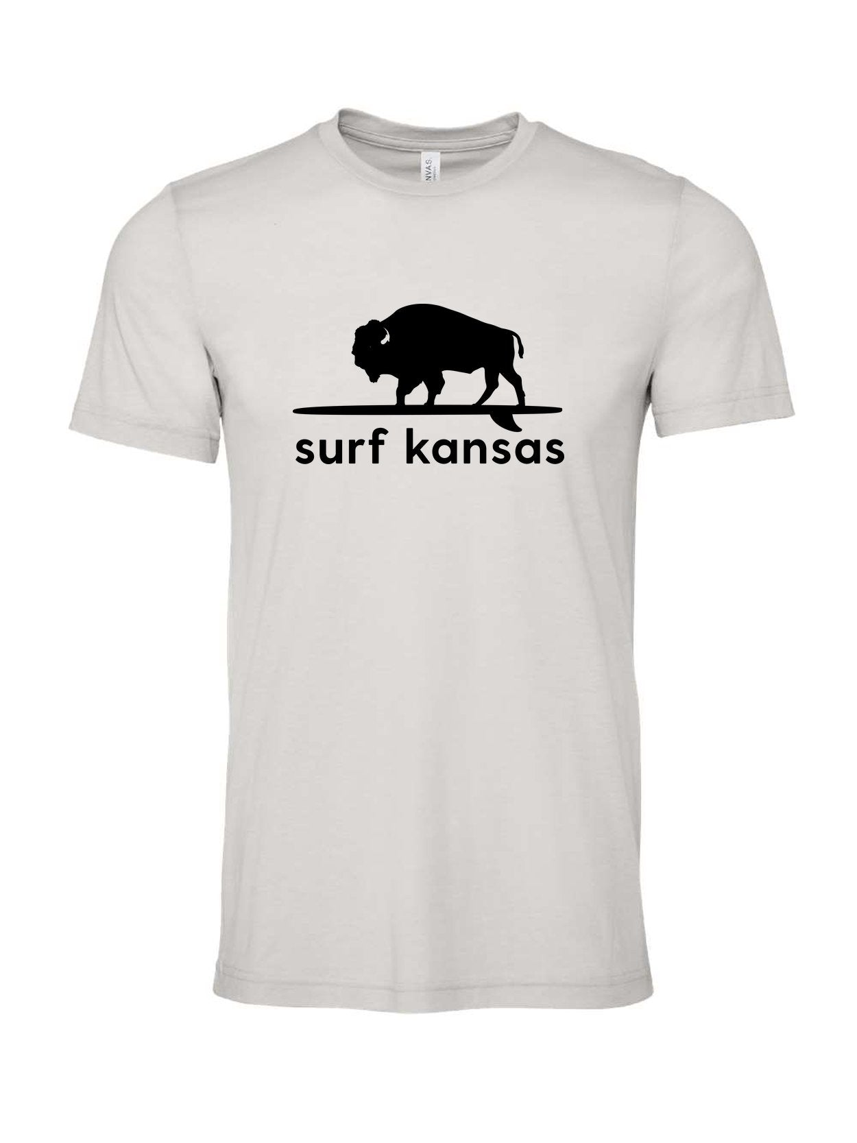 Surf Kansas on a cement gray t-shirt