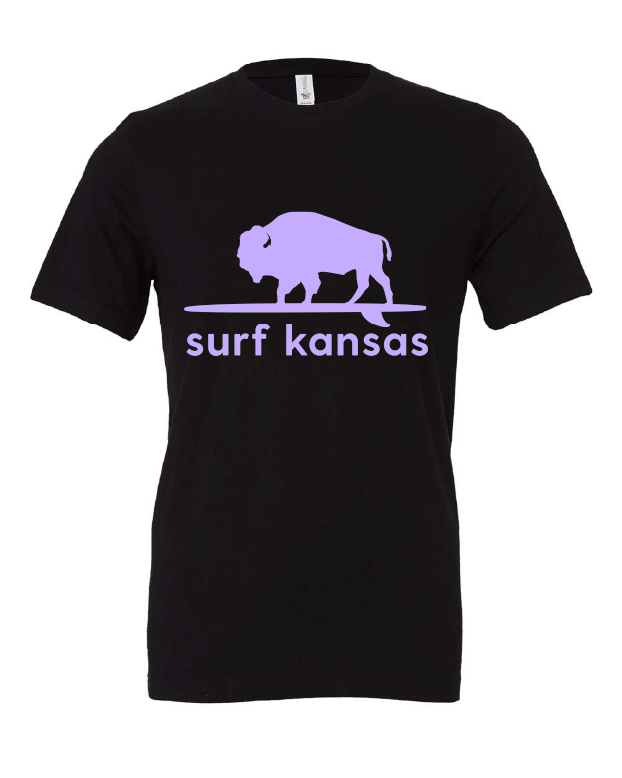 Surf Kansas design on a black t-shirt