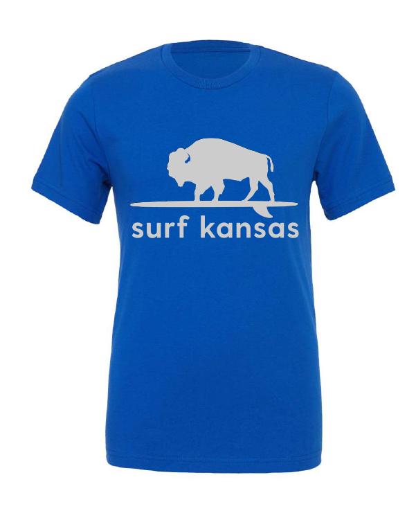 Surf Kansas design on a blue t-shirt