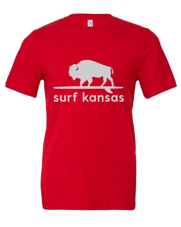 Surf Kansas design on a red t-shirt