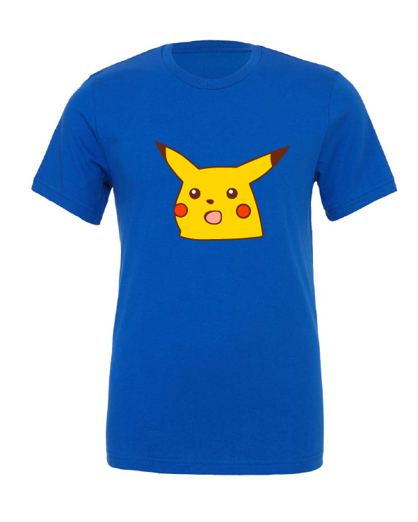 shocked pikachu pokemon tv show movie video game card game blue tshirt t-shirt 