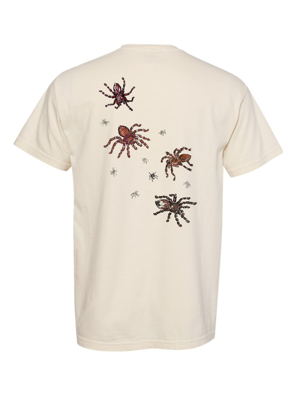 Tarantulas by Claire Wakefield, back, on an ivory Comfort Colors tee