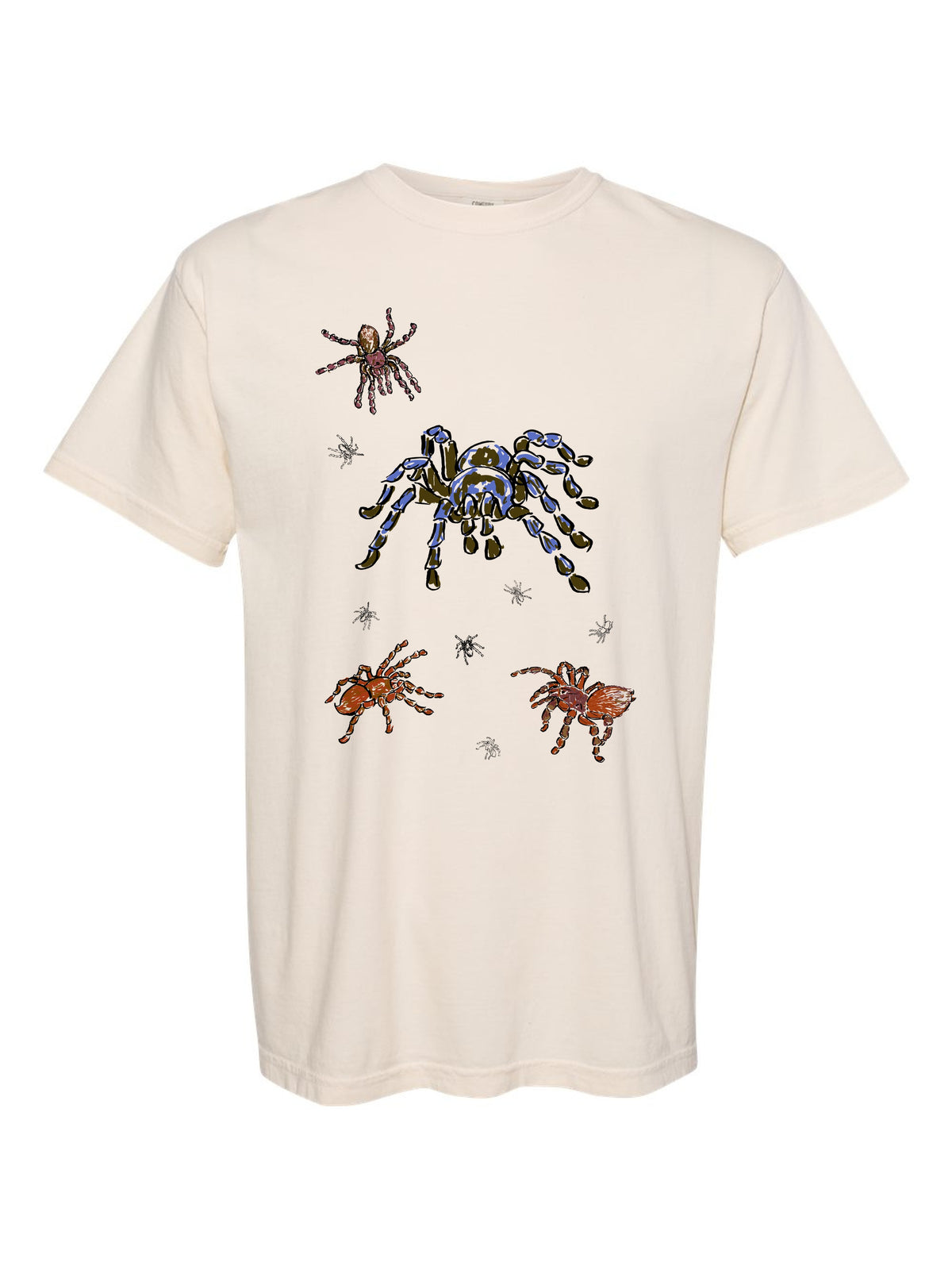 Tarantulas by Claire Wakefield, front, on an ivory Comfort Colors tee