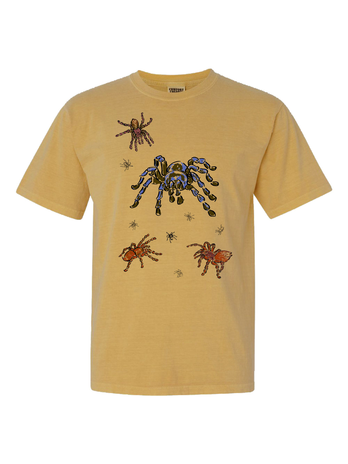 Tarantulas by Claire Wakefield, front, on a mustard Comfort Colors tee