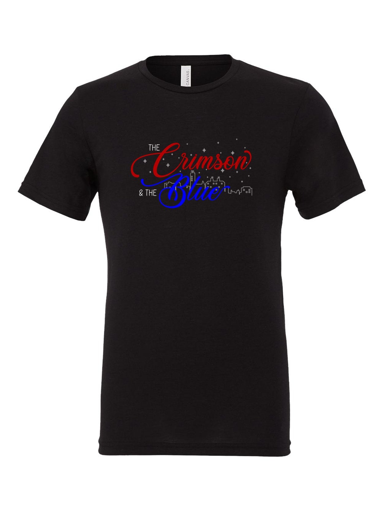 The Crimson and the Blue on a black t-shirt