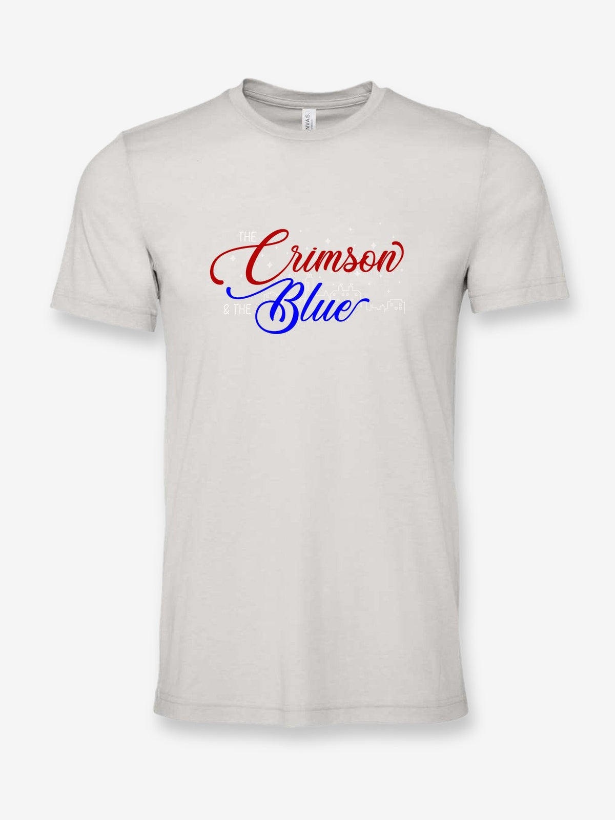 The Crimson and the Blue on a cement gray t-shirt