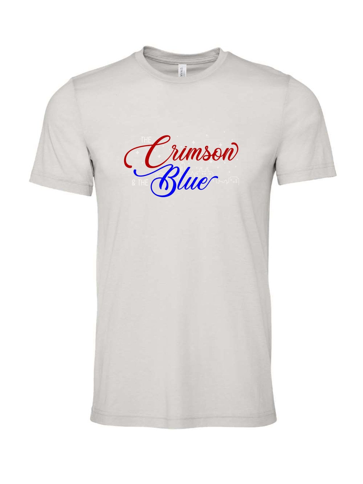 The Crimson and the Blue on a cement gray t-shirt