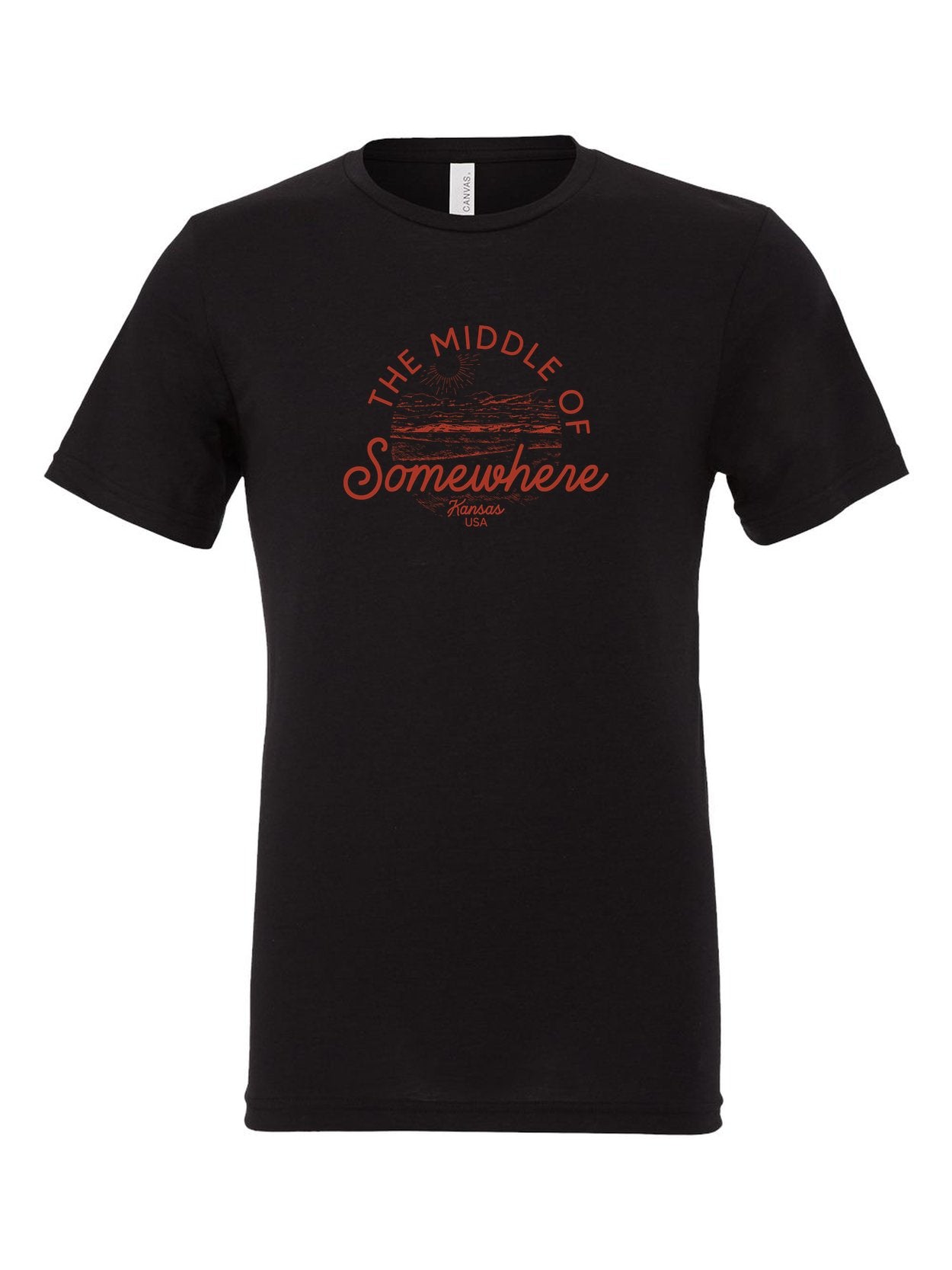 The Middle of Somewhere Kansas on a black t-shirt