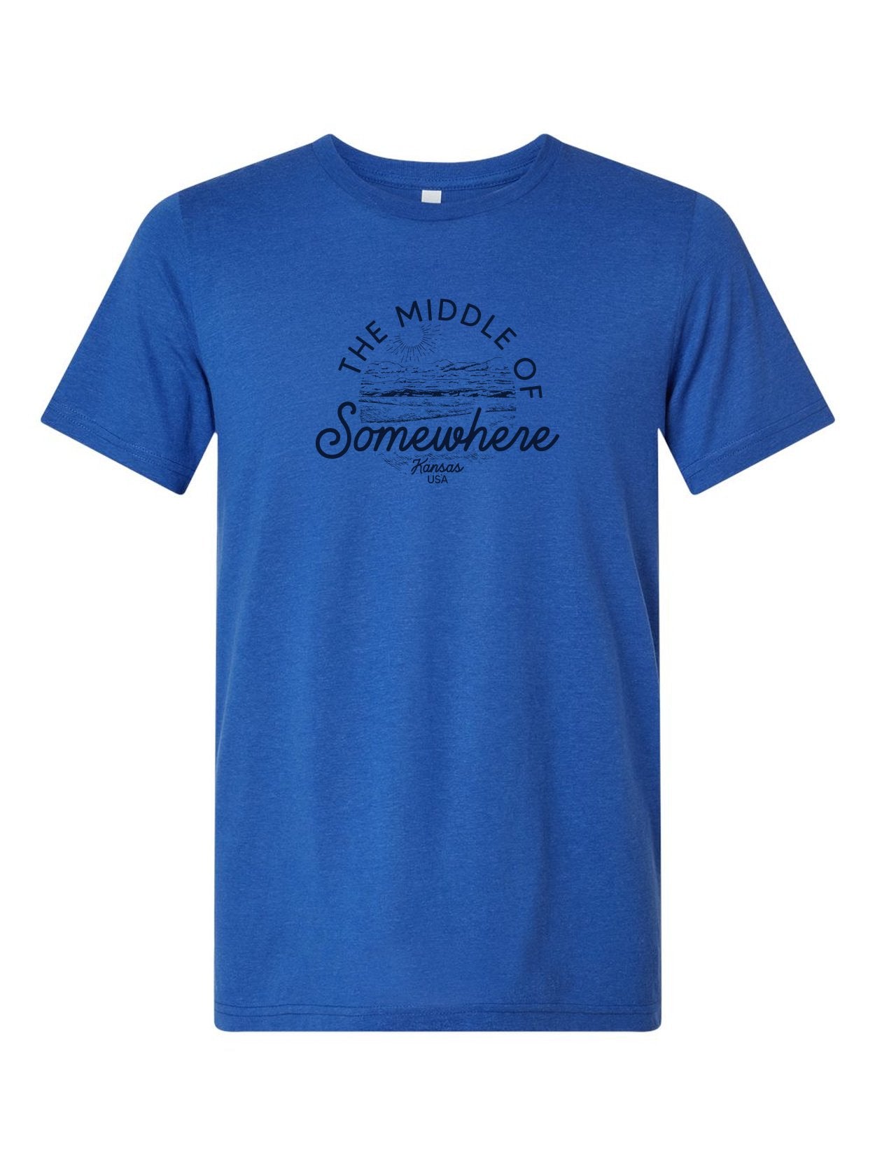 The Middle of Somewhere Kansas on a royal blue t-shirt