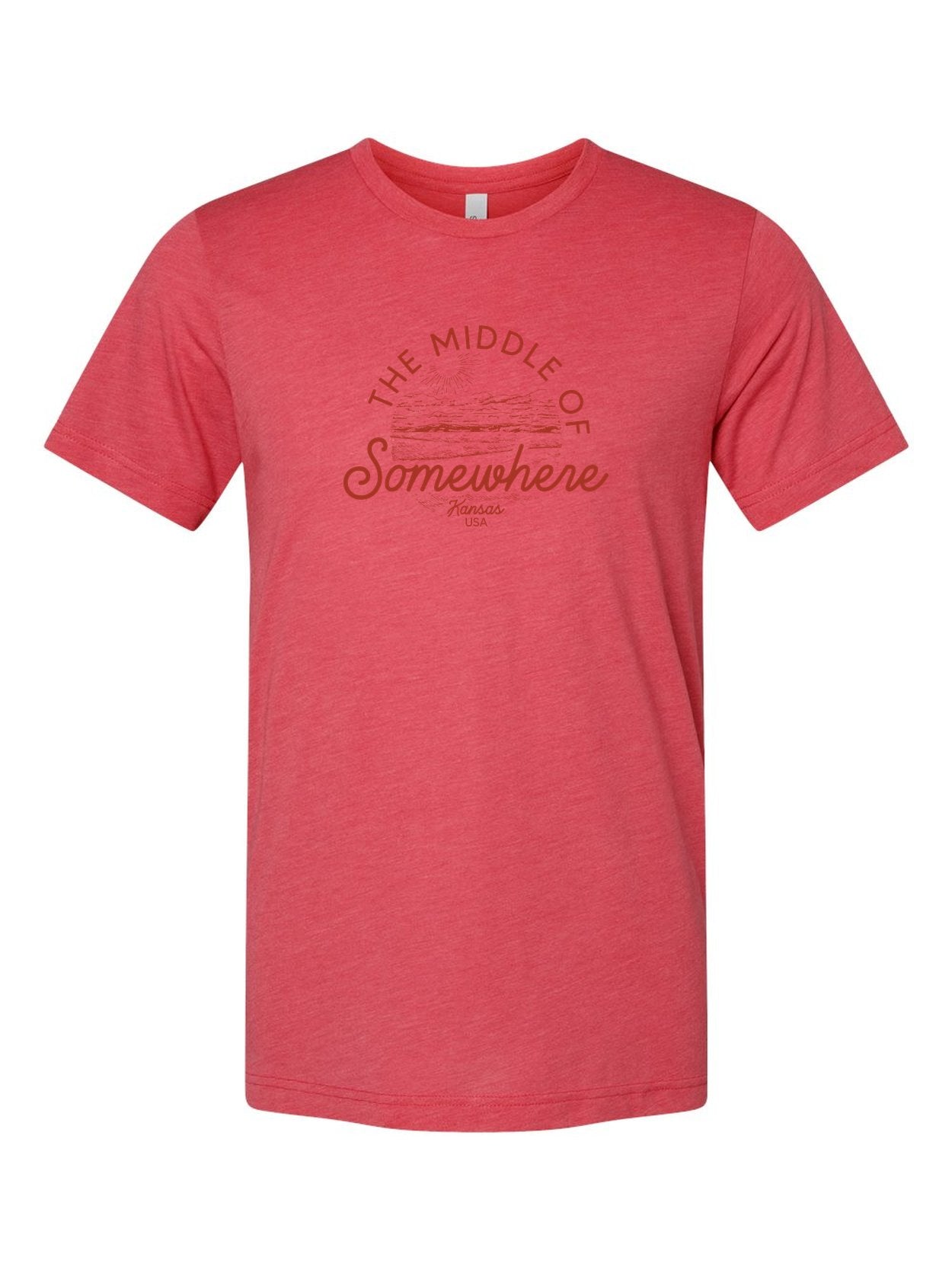 The Middle of Somewhere Kansas on a true red t-shirt