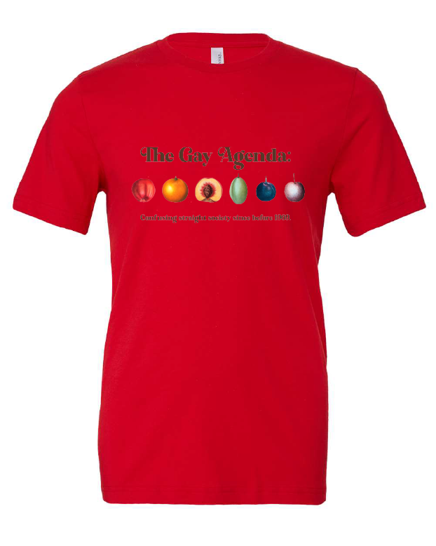 The Gay Agenda design on a red t-shirt