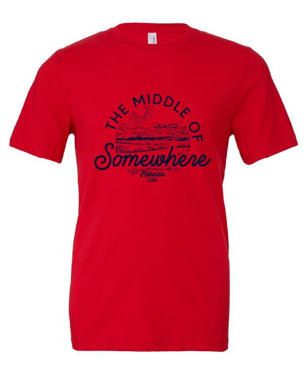 The Middle of Somewhere Kansas design on a red t-shirt