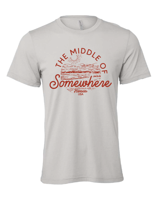 The Middle of Somewhere Kansas design on a gray t-shirt