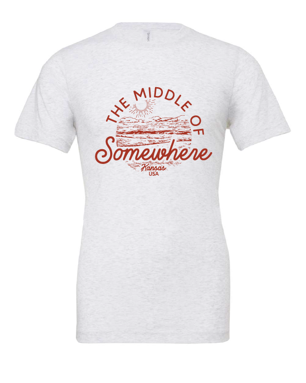 The Middle of Somewhere Kansas design on a white t-shirt