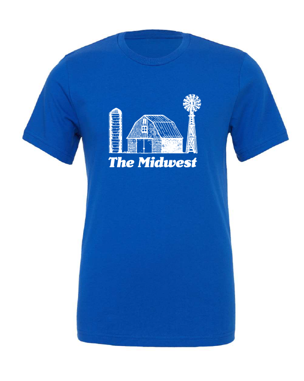 The Midwest Farm design on a blue t-shirt