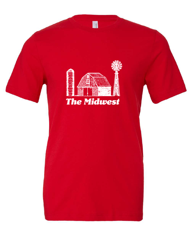 The Midwest Farm design on a red t-shirt