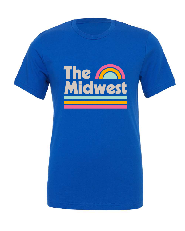 The Midwest Vintage Sunset design on a blue t-shirt