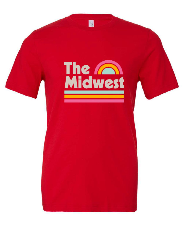 The Midwest Vintage Sunset design on a red t-shirt