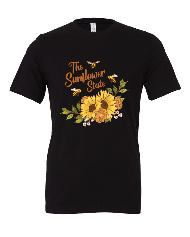 The Sunflower State design on a black t-shirt