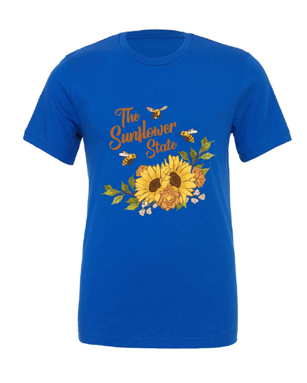 The Sunflower State design on a blue t-shirt