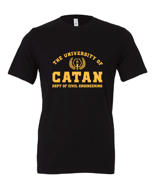 University of Catan design on a black t-shirt