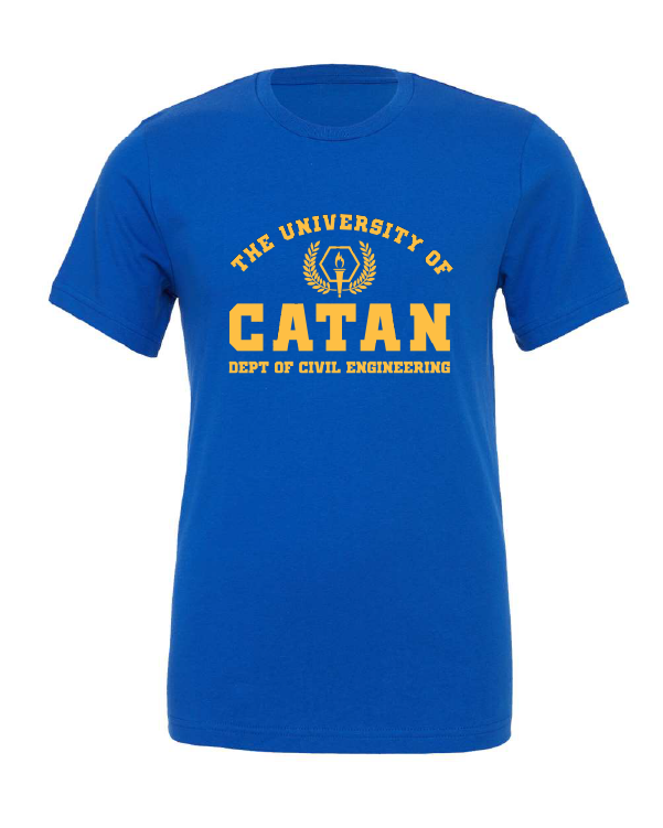 University of Catan design on a blue t-shirt