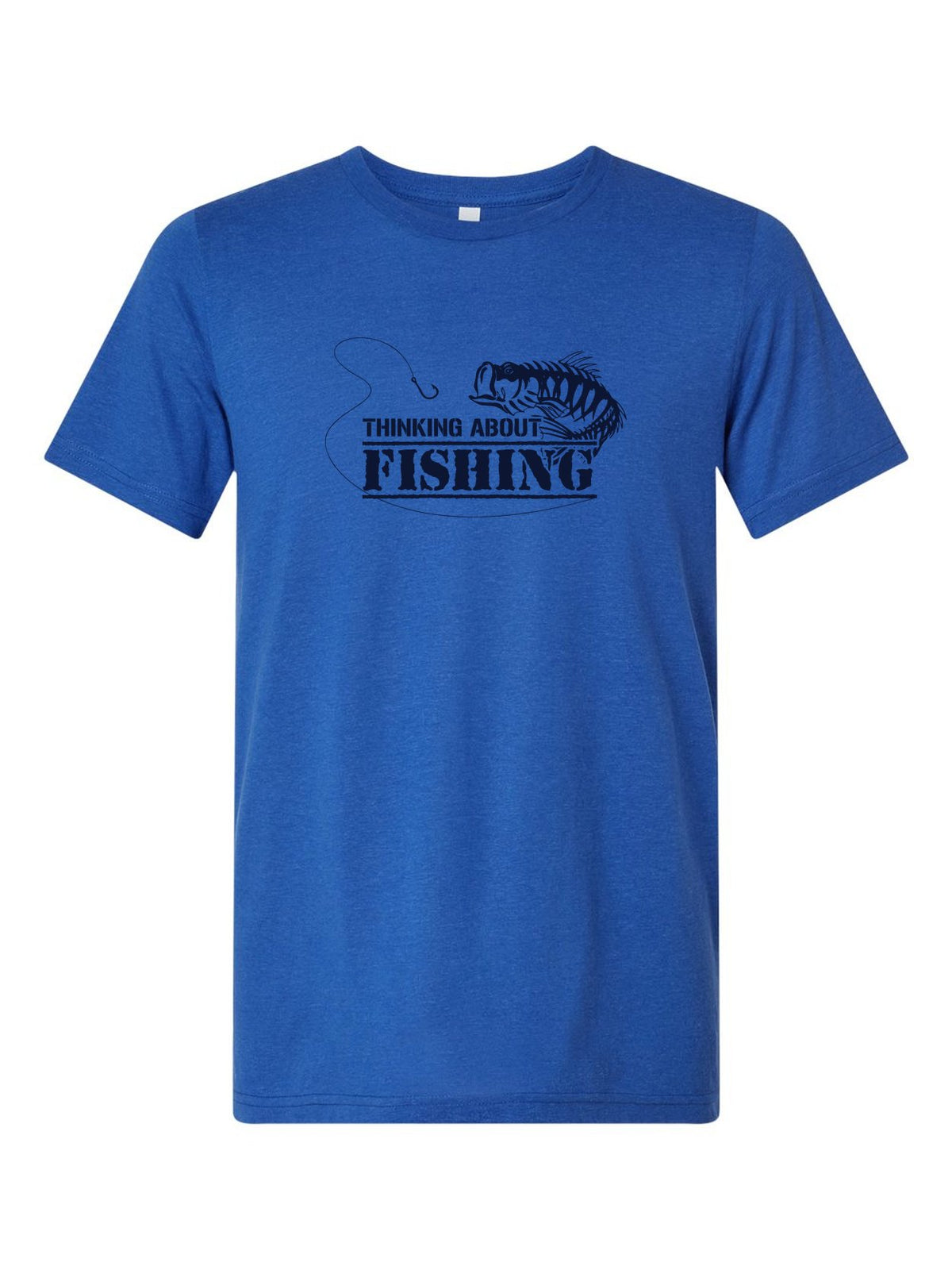 Thinking About Fishing on a royal blue t-shirt