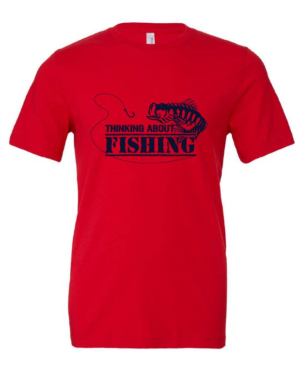 Thinking About Fishing design on a red t-shirt