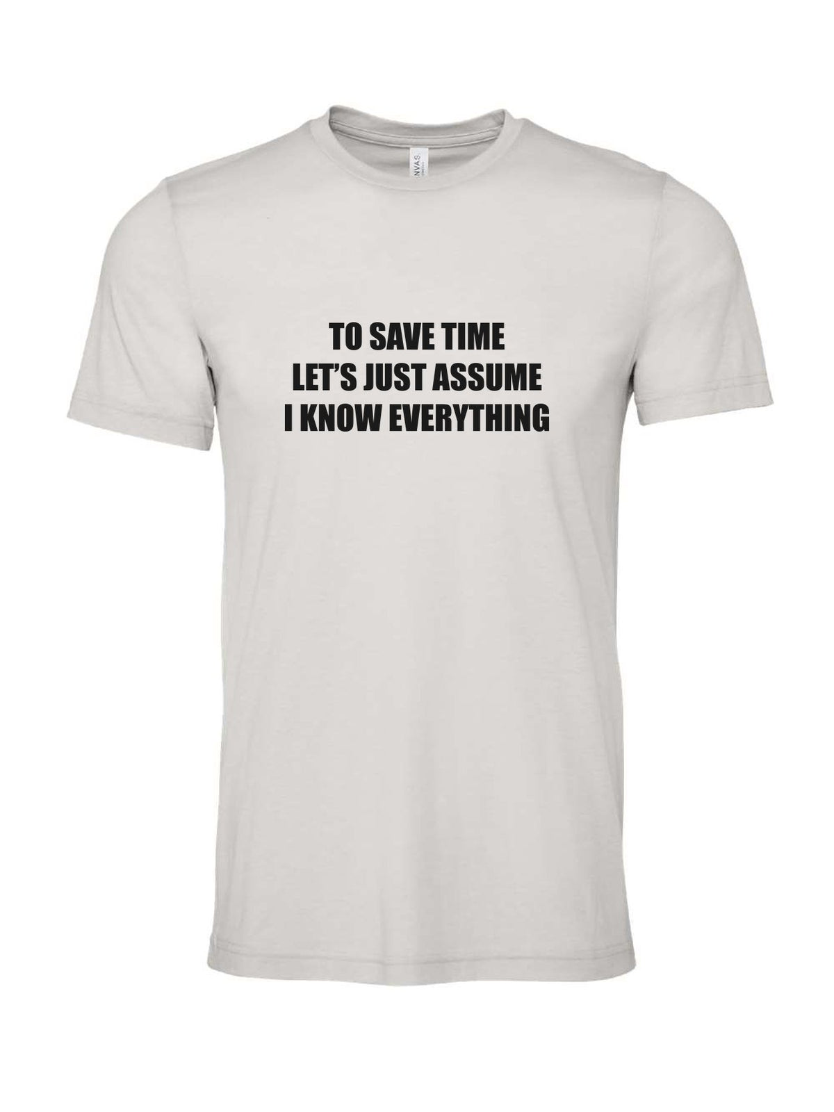 To Save Time Let's Just Assume I Know Everything on a cement gray t-shirt