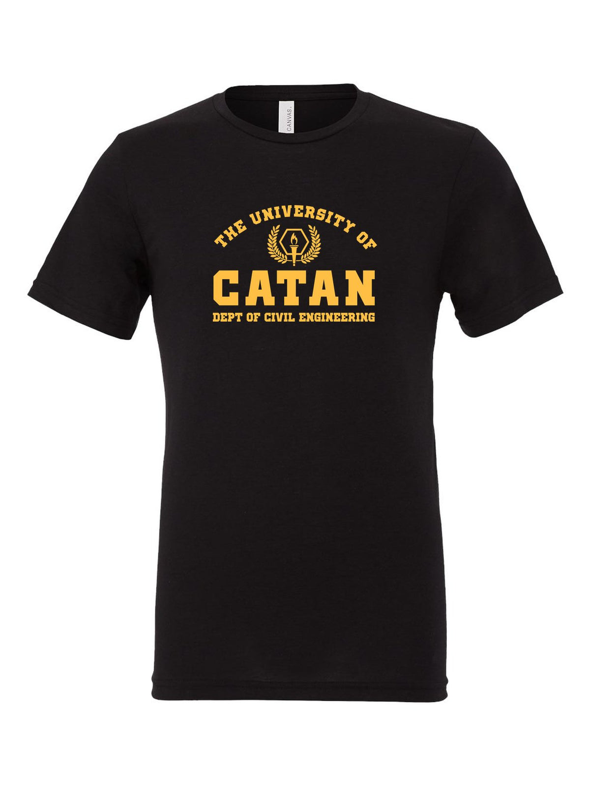 University of Catan on a black t-shirt