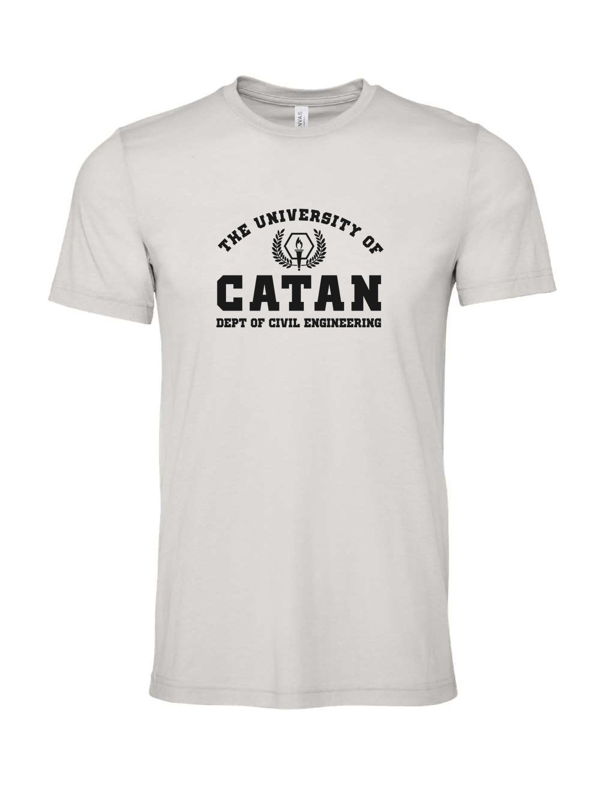 University of Catan on a cement gray t-shirt