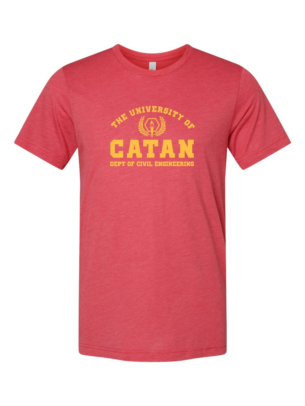 University of Catan on a true red t-shirt