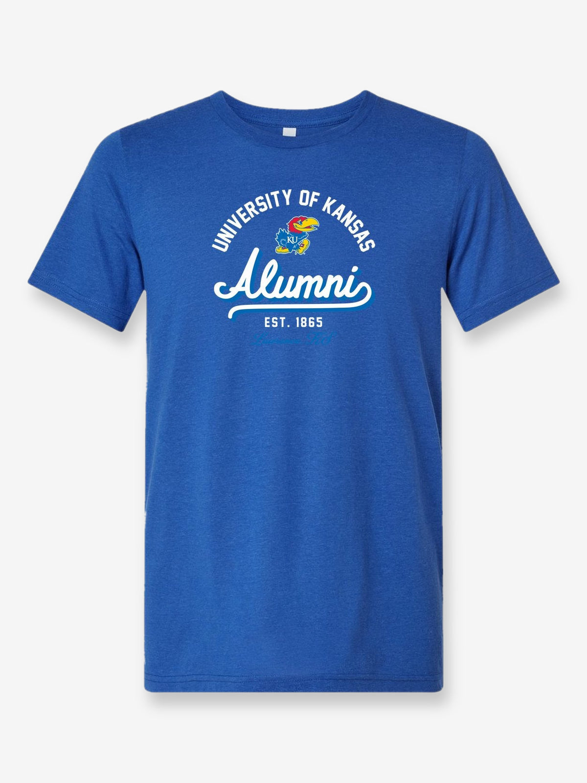 University of Kansas Alumni est. 1865 on a royal blue t-shirt