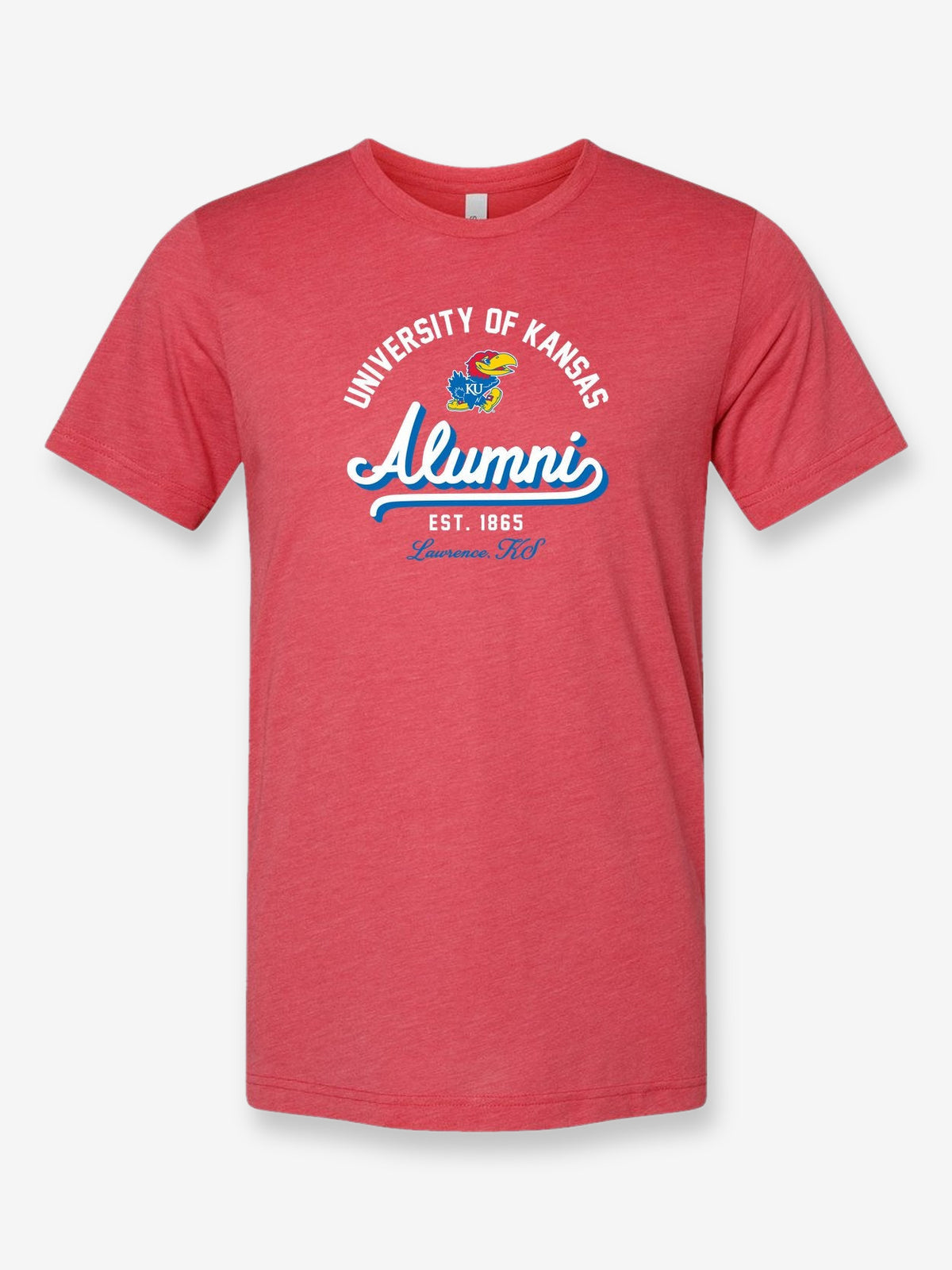 University of Kansas Alumni est. 1865 on a true red t-shirt