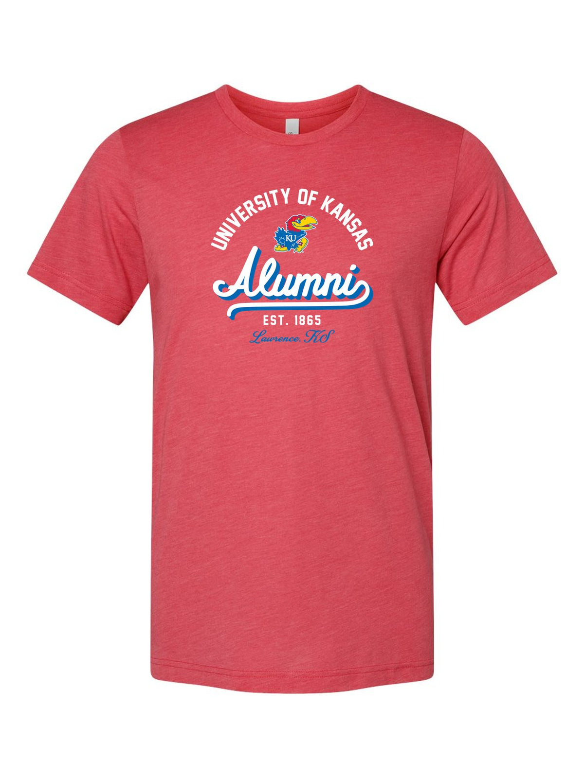 University of Kansas Alumni est. 1865 on a true red t-shirt