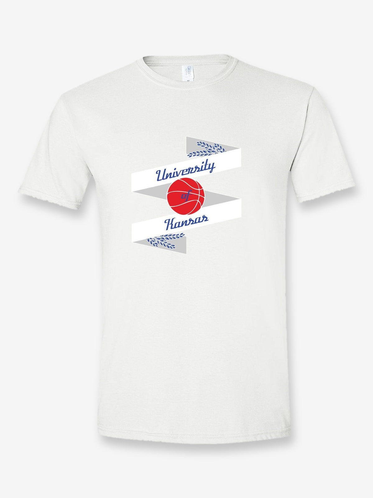 University of Kansas Basketball tee, white, pennant banner design with a red basketball