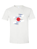 University of Kansas Basketball tee, white, pennant banner design with a red basketball