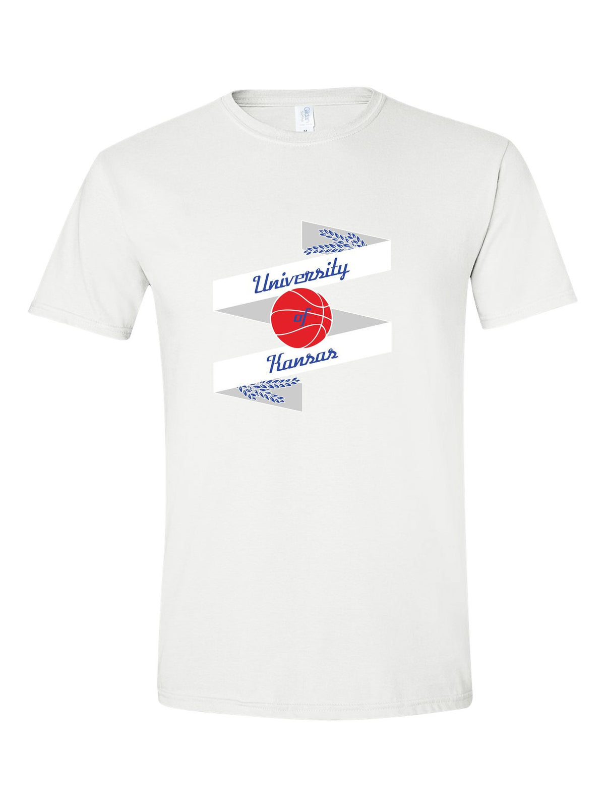 University of Kansas Basketball tee, white, pennant banner design with a red basketball