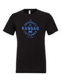 University of Kansas Liberator Font on a black t-shirt