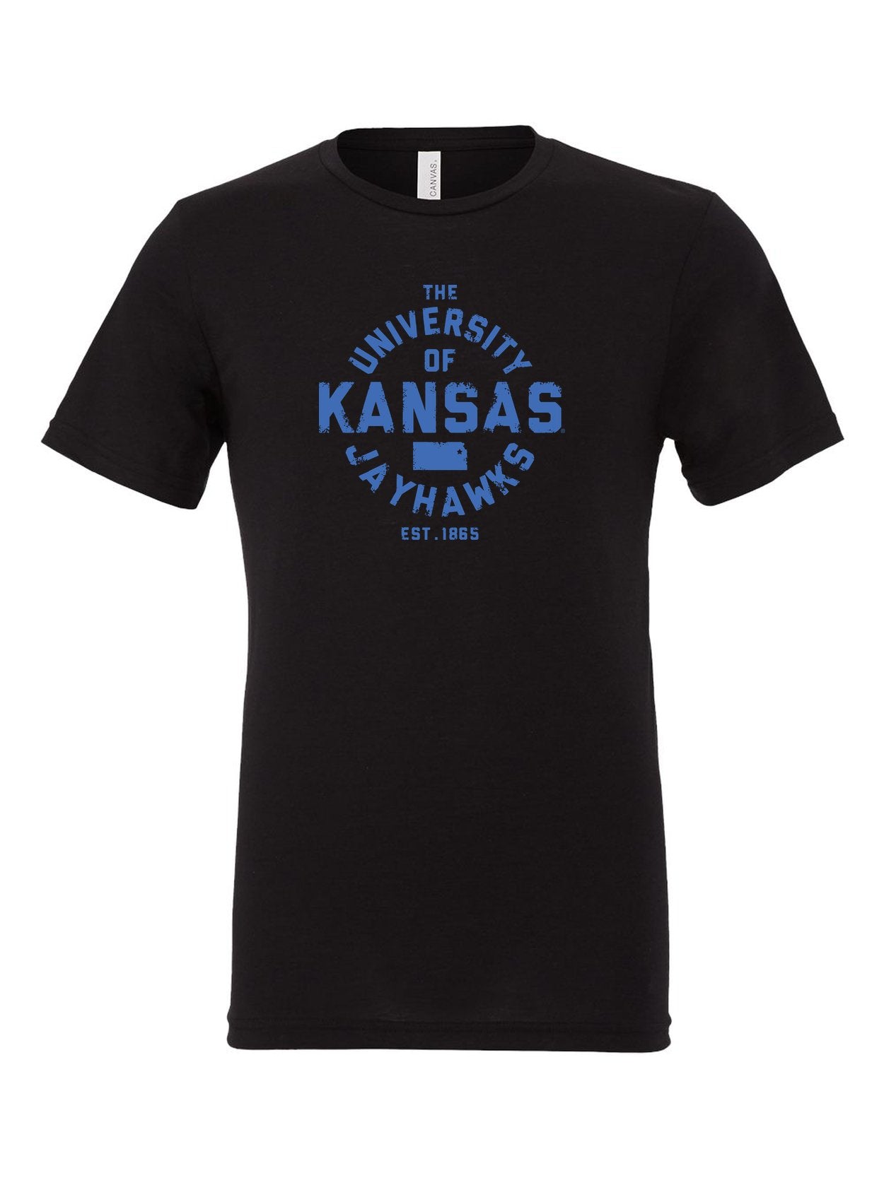 University of Kansas Liberator Font on a black t-shirt