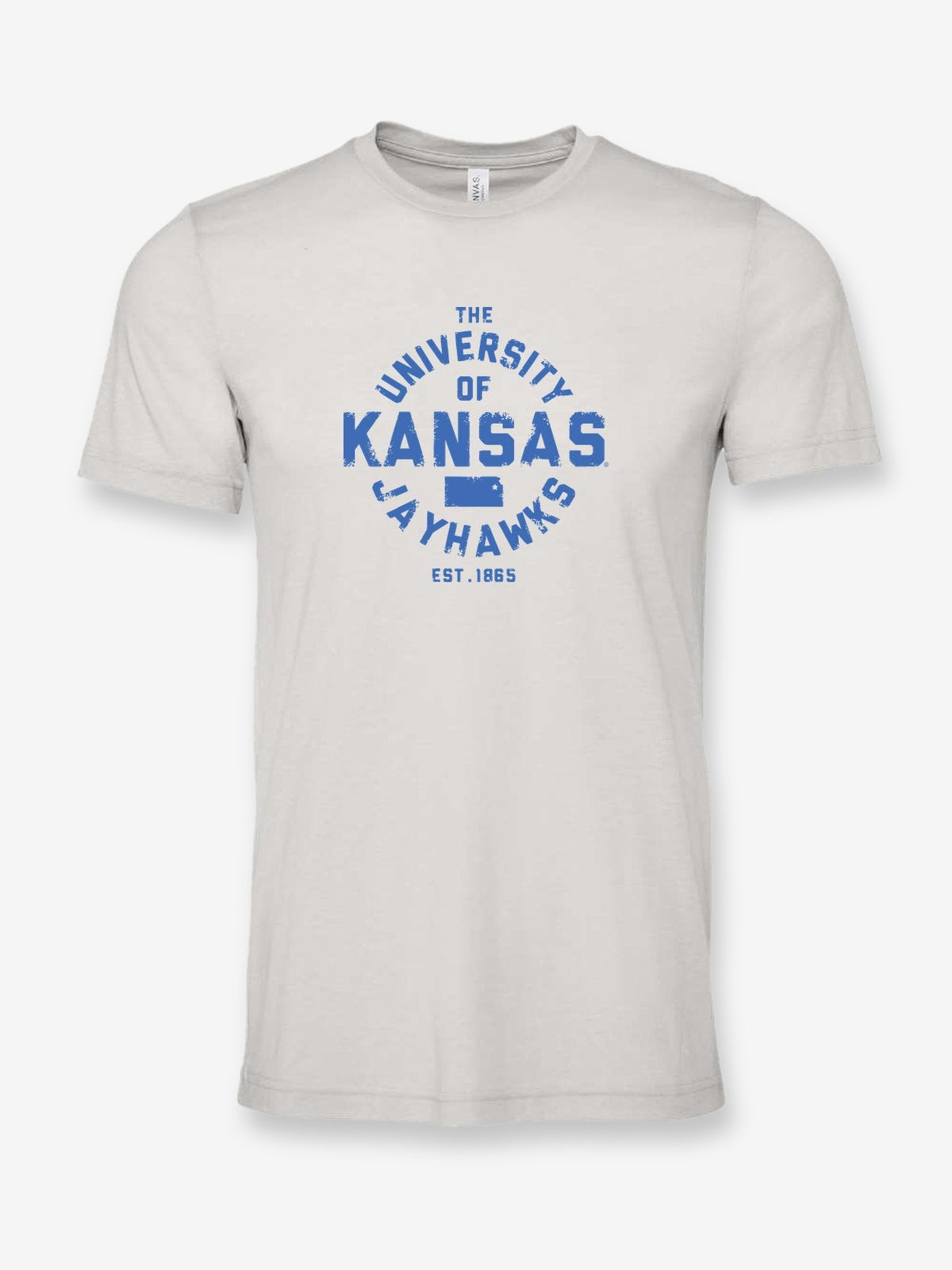 University of Kansas Liberator Font on a cement gray t-shirt