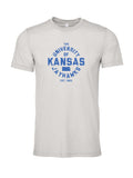 University of Kansas Liberator Font on a cement gray t-shirt