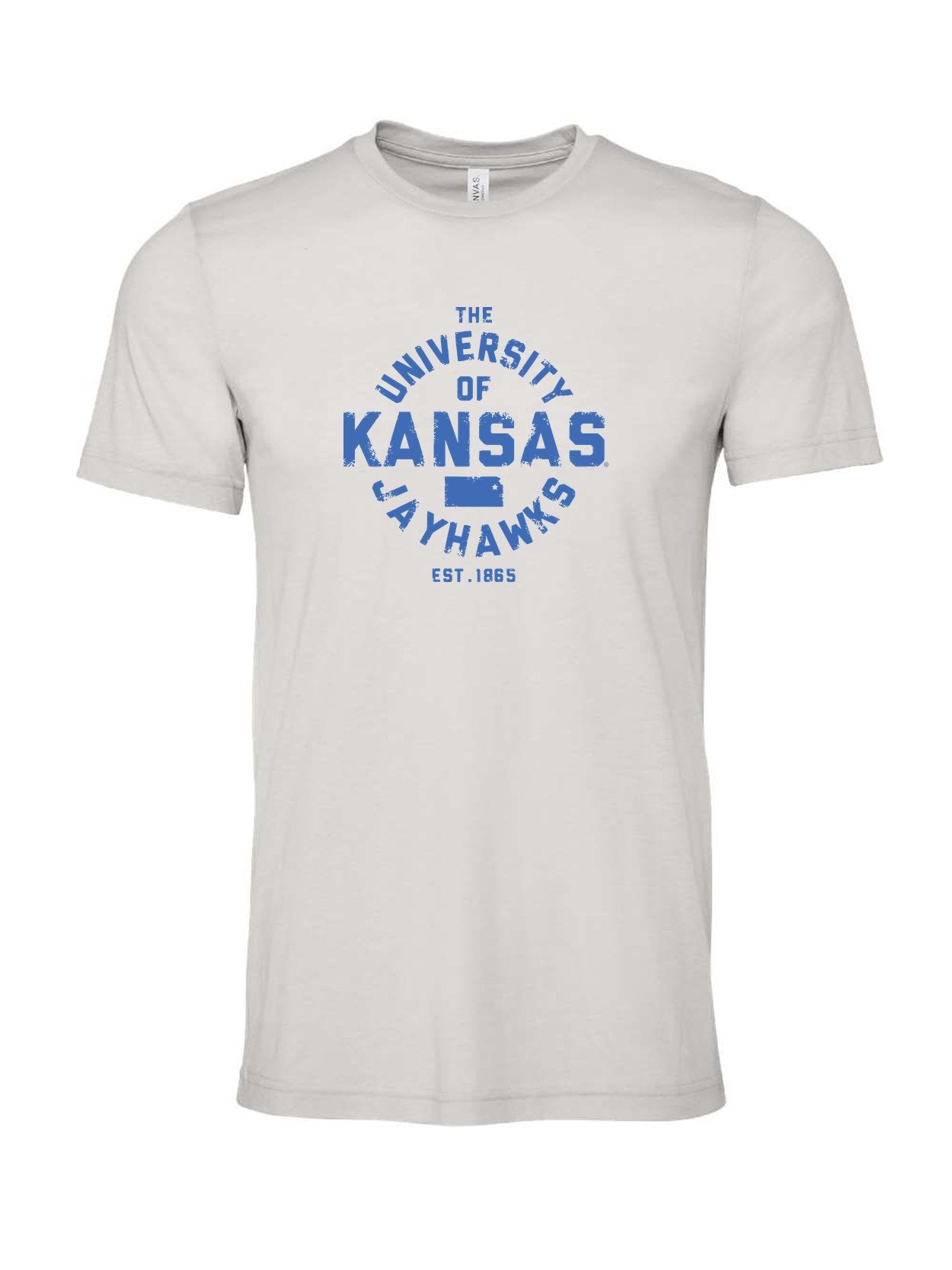 University of Kansas Liberator Font on a cement gray t-shirt