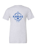 University of Kansas Liberator Font on a white t-shirt
