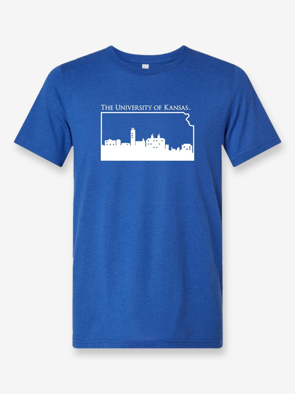 University of Kansas Skyline on a royal blue t-shirt