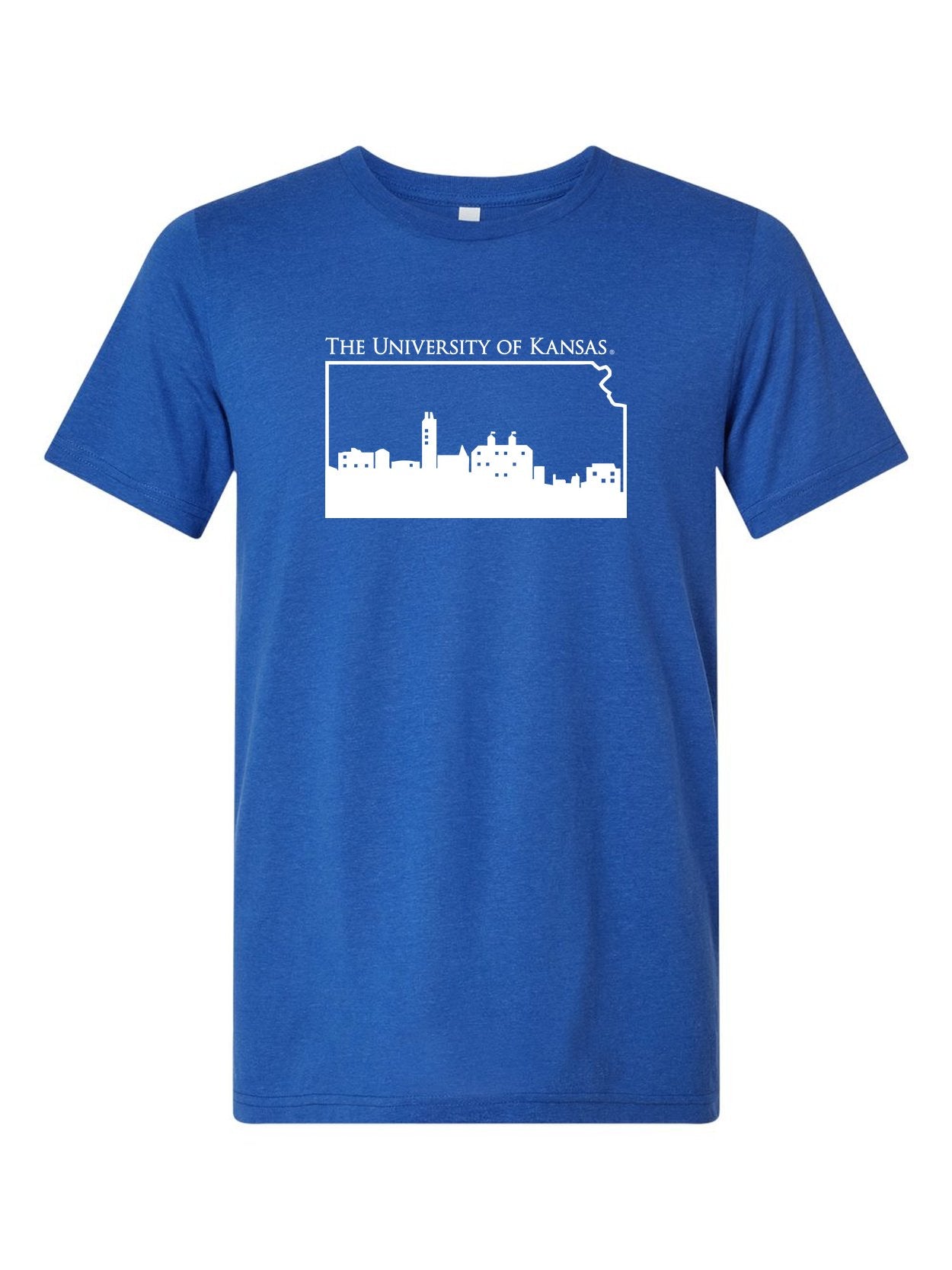 University of Kansas Skyline on a royal blue t-shirt