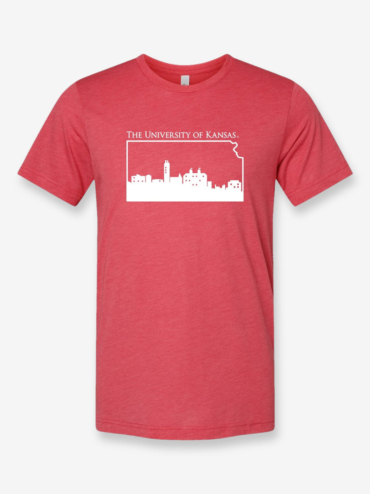 University of Kansas Skyline on a true red t-shirt