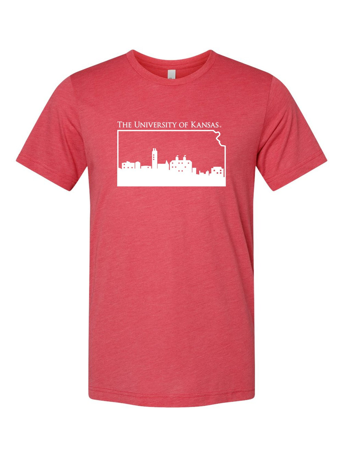 University of Kansas Skyline on a true red t-shirt