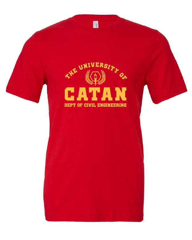 University of Catan design on a red t-shirt