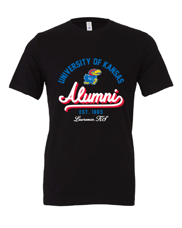 University of Kansas Alumni est. 1865 design on a black t-shirt
